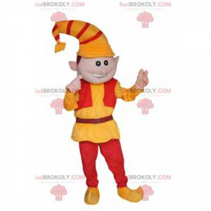 Mascota de duende con un sombrero amarillo y rojo. -