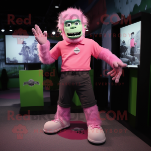 Pink Frankenstein'S Monster mascot costume character dressed with a Polo Shirt and Anklets