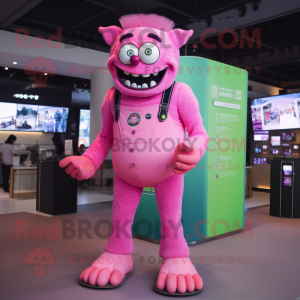 Pink Frankenstein'S Monster mascot costume character dressed with a Polo Shirt and Anklets