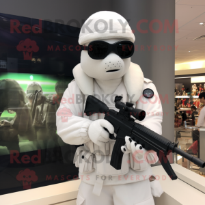 White Sniper mascot costume character dressed with a Suit and Eyeglasses