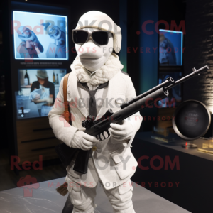 White Sniper mascot costume character dressed with a Suit and Eyeglasses