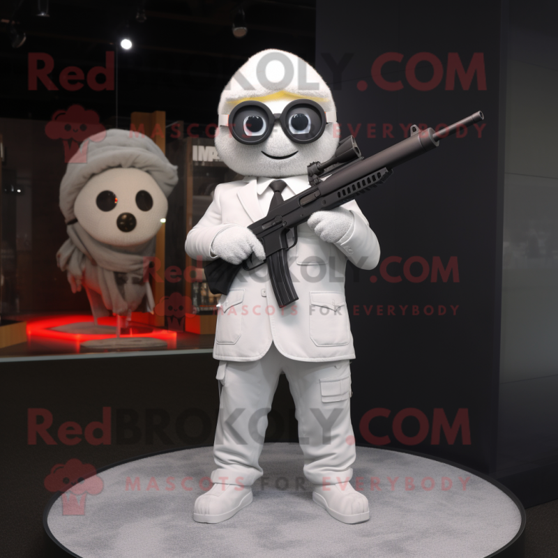 White Sniper mascot costume character dressed with a Suit and Eyeglasses