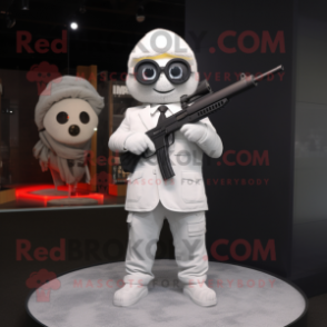 White Sniper mascot costume character dressed with a Suit and Eyeglasses