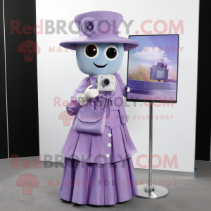 Lavender Camera mascot costume character dressed with a A-Line Dress and Pocket squares