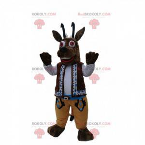 Mascote de camurça marrom com sua roupa tradicional -