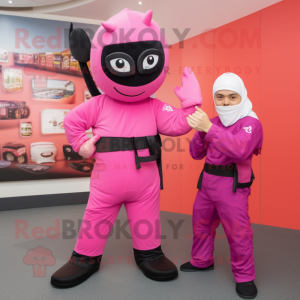 Pink Ninja mascot costume character dressed with a Chinos and Watches