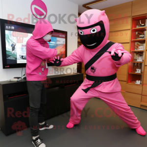 Pink Ninja mascot costume character dressed with a Chinos and Watches