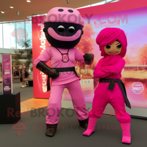 Pink Ninja mascot costume character dressed with a Chinos and Watches