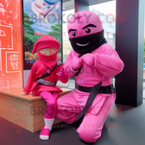 Pink Ninja mascot costume character dressed with a Chinos and Watches