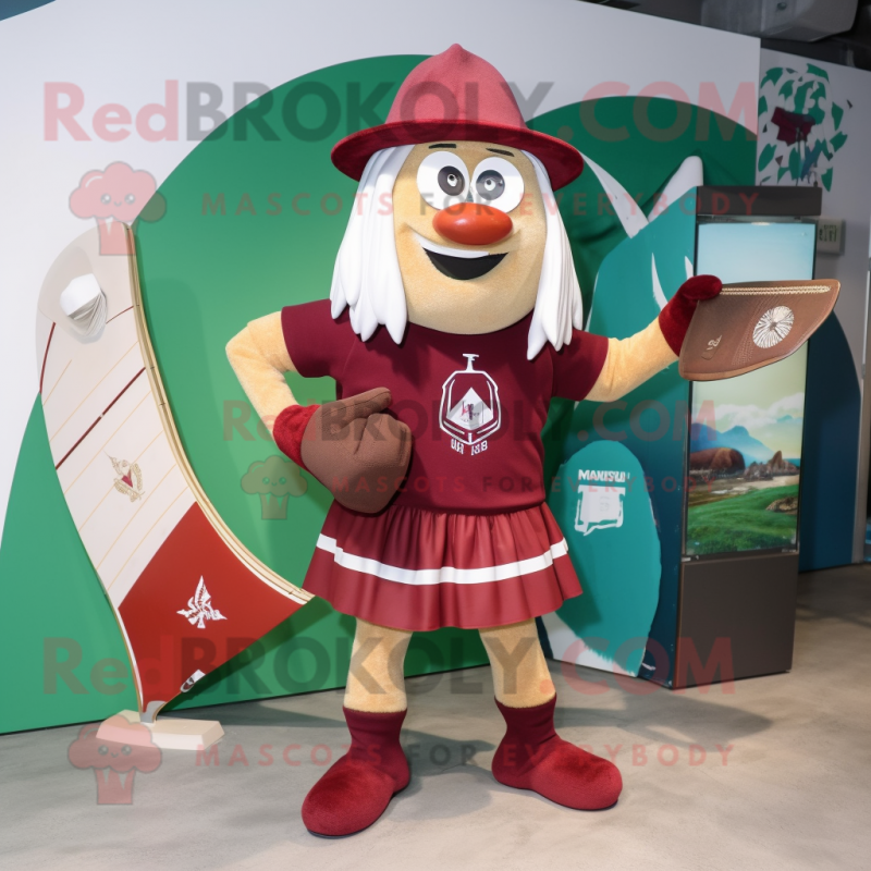 Maroon Irish Flag mascot costume character dressed with a Board Shorts and Handbags Maroon Irish Flag mascot costume character dressed with a Board Shorts and Handbags