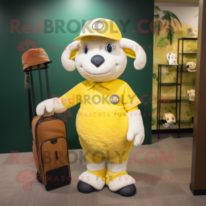 Yellow Merino Sheep mascot costume character dressed with a Baseball Tee and Briefcases