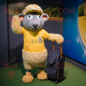 Yellow Merino Sheep mascot costume character dressed with a Baseball Tee and Briefcases