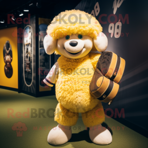 Yellow Merino Sheep mascot costume character dressed with a Baseball Tee and Briefcases