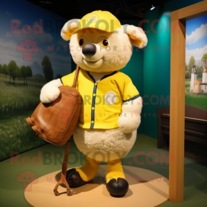 Yellow Merino Sheep mascot costume character dressed with a Baseball Tee and Briefcases