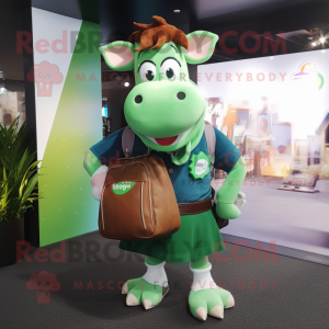 Forest Green Guernsey Cow mascot costume character dressed with a Boyfriend Jeans and Briefcases
