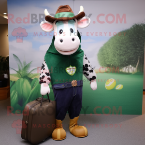 Forest Green Guernsey Cow mascot costume character dressed with a Boyfriend Jeans and Briefcases