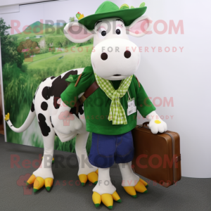 Forest Green Guernsey Cow mascot costume character dressed with a Boyfriend Jeans and Briefcases