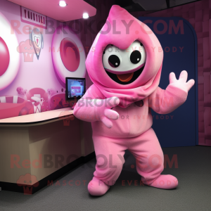 Pink Contortionist mascot costume character dressed with a Hoodie and Mittens
