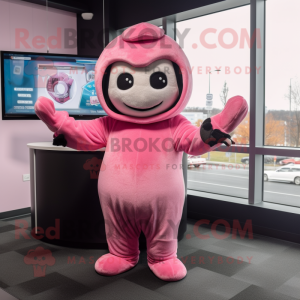 Pink Contortionist mascot costume character dressed with a Hoodie and Mittens