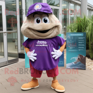 Purple Oyster mascot costume character dressed with a Bermuda Shorts and Tote bags