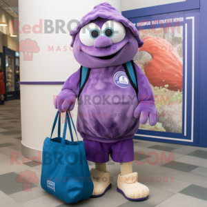 Purple Oyster mascot costume character dressed with a Bermuda Shorts and Tote bags