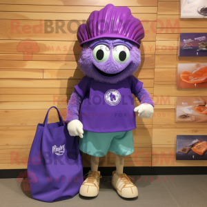 Purple Oyster mascot costume character dressed with a Bermuda Shorts and Tote bags