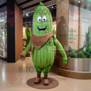 Brown Green Bean mascot costume character dressed with a Sheath Dress and Hairpins
