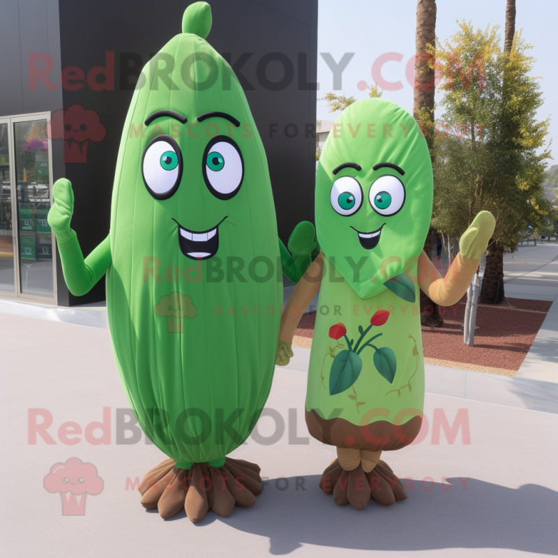 Brown Green Bean mascot costume character dressed with a Sheath Dress and Hairpins