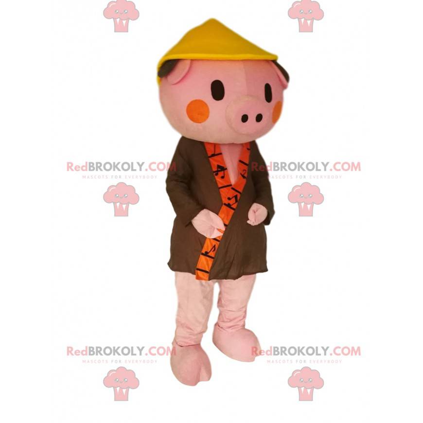 Mascotte roze varken met een kaki badjas en een Chinese hoed -