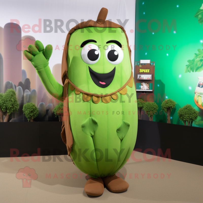 Brown Green Bean mascot costume character dressed with a Sheath Dress and Hairpins Brown Green Bean mascot costume character dressed with a Sheath Dress and Hairpins