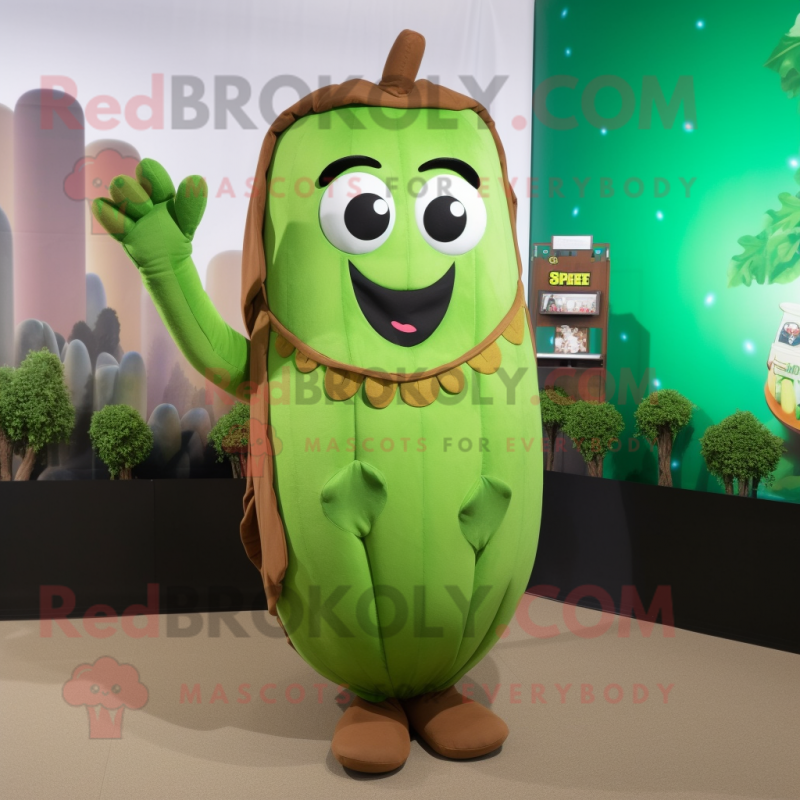 Brown Green Bean mascot costume character dressed with a Sheath Dress and Hairpins