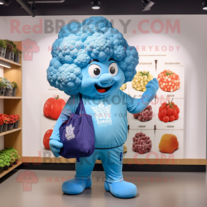 Sky Blue Cauliflower mascot costume character dressed with a Graphic Tee and Tote bags