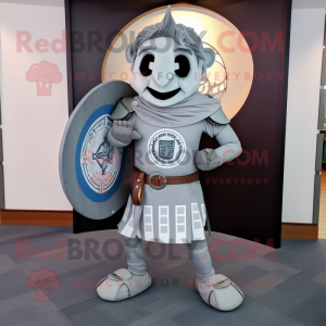Gray Celtic Shield mascot costume character dressed with a Dress Pants and Messenger bags