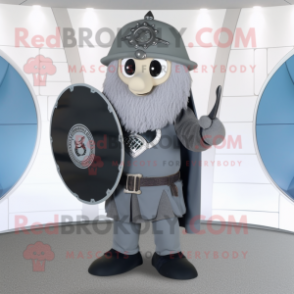 Gray Celtic Shield mascot costume character dressed with a Dress Pants and Messenger bags