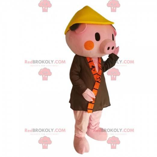 Pink pig mascot with a khaki bathrobe and a Chinese hat -