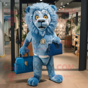 Blue Lion mascot costume character dressed with a Corduroy Pants and Briefcases