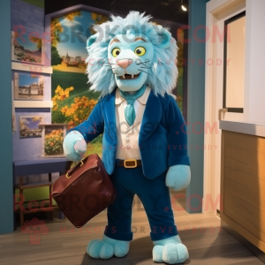 Blue Lion mascot costume character dressed with a Corduroy Pants and Briefcases