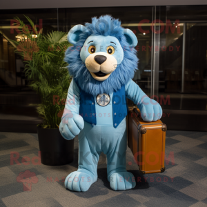 Blue Lion mascot costume character dressed with a Corduroy Pants and Briefcases