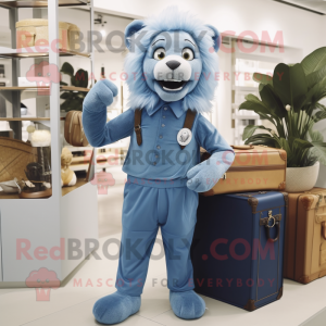 Blue Lion mascot costume character dressed with a Corduroy Pants and Briefcases