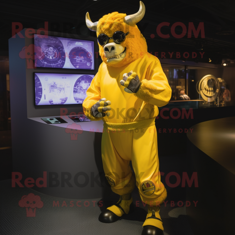 Yellow Minotaur mascot costume character dressed with a Jumpsuit and Digital watches