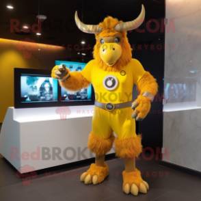 Yellow Minotaur mascot costume character dressed with a Jumpsuit and Digital watches