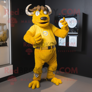 Yellow Minotaur mascot costume character dressed with a Jumpsuit and Digital watches