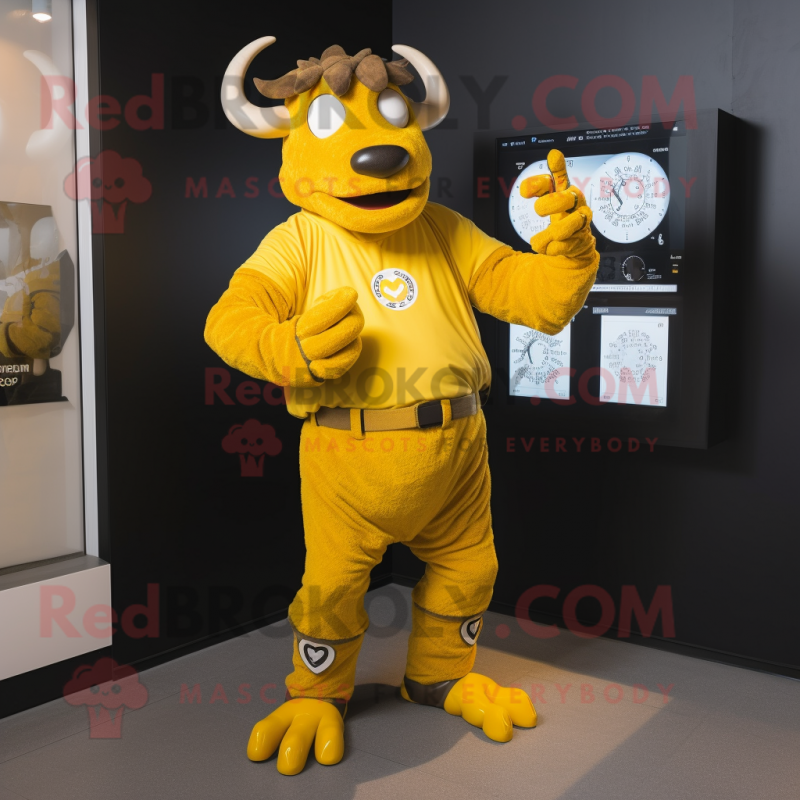 Yellow Minotaur mascot costume character dressed with a Jumpsuit and Digital watches Yellow Minotaur mascot costume character dressed with a Jumpsuit and Digital watches