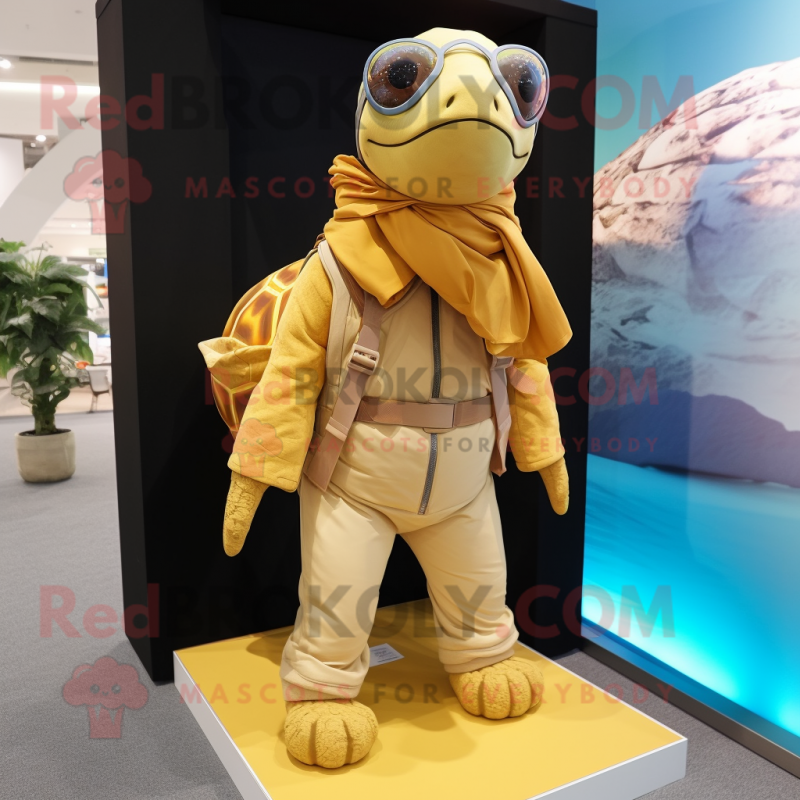 Gold Sea Turtle mascot costume character dressed with a Cargo Pants and Scarves