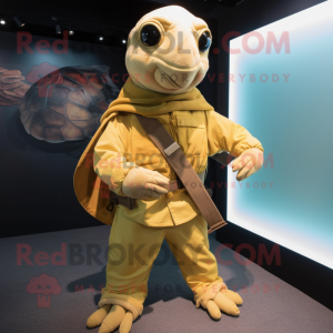Gold Sea Turtle mascot costume character dressed with a Cargo Pants and Scarves