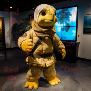 Gold Sea Turtle mascot costume character dressed with a Cargo Pants and Scarves