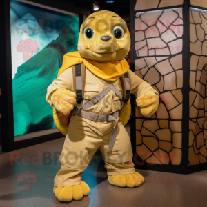 Gold Sea Turtle mascot costume character dressed with a Cargo Pants and Scarves