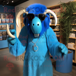 Blue Mammoth mascot costume character dressed with a Sheath Dress and Sunglasses
