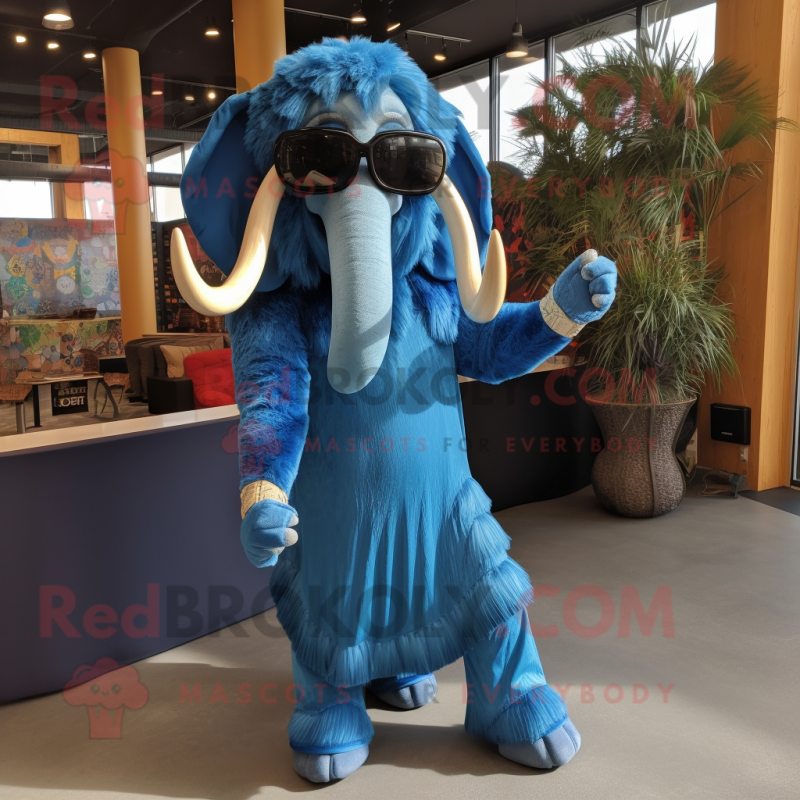 Blue Mammoth mascot costume character dressed with a Sheath Dress and Sunglasses