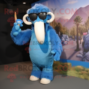 Blue Mammoth mascot costume character dressed with a Sheath Dress and Sunglasses